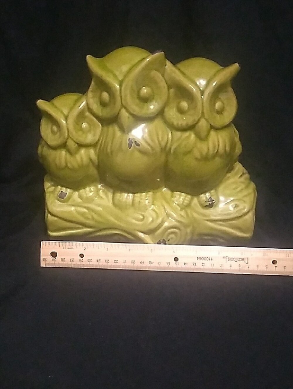 Vintage Ceramic Trio of Owls Green Glaze Figurine (B7) - Picture 6 of 11